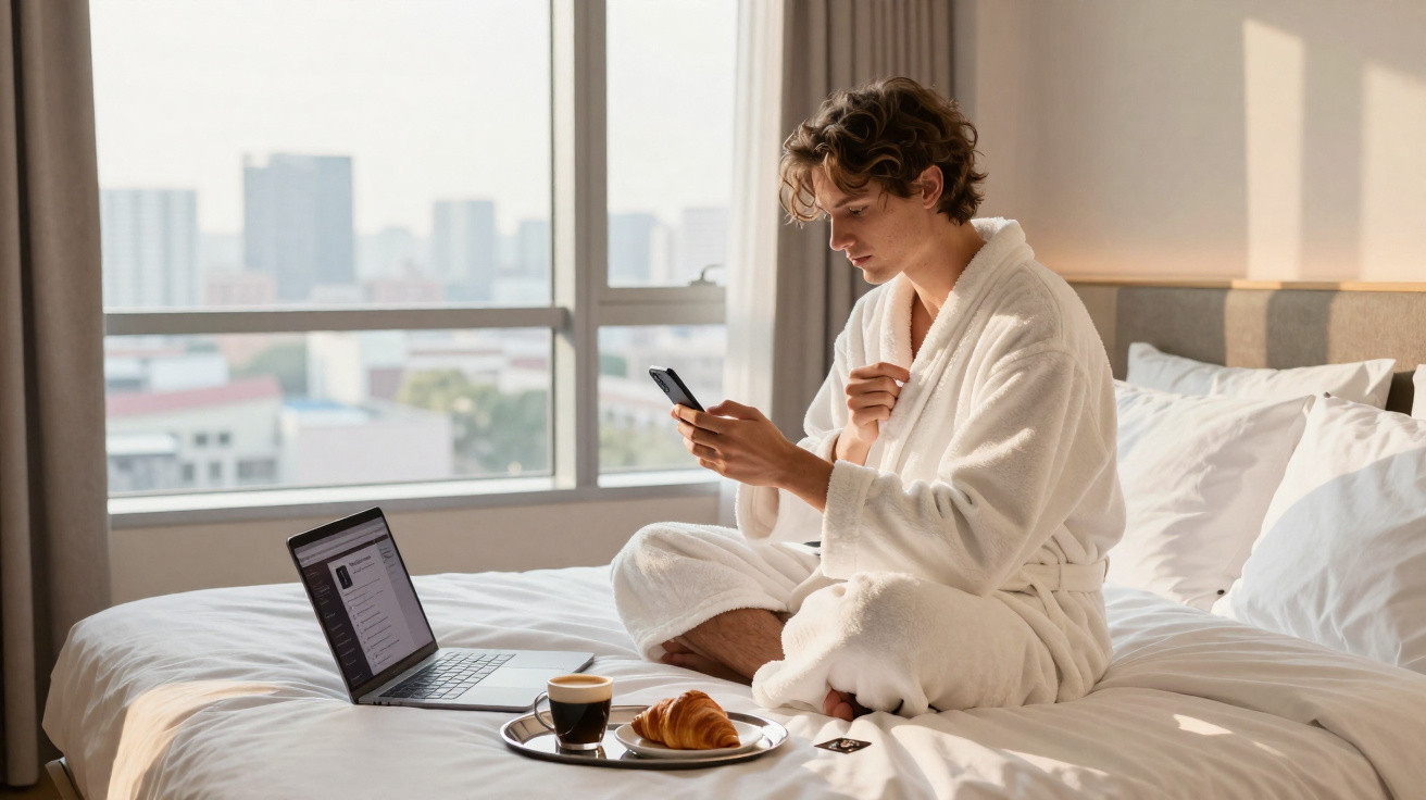Pessoa sentada na cama com roupão branco usando celular, laptop aberto e café com croissant na bandeja.