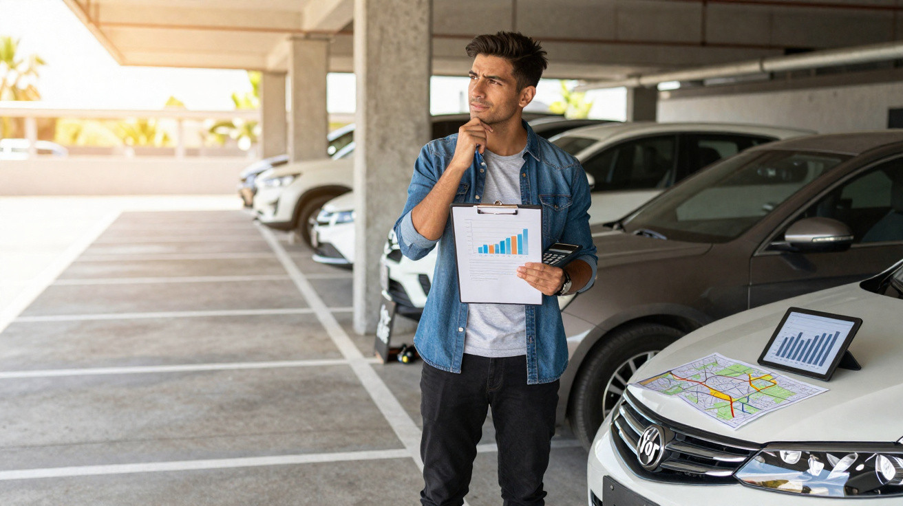 Homem em estacionamento com prancheta e tablet mostrando gráficos sobre carro branco.