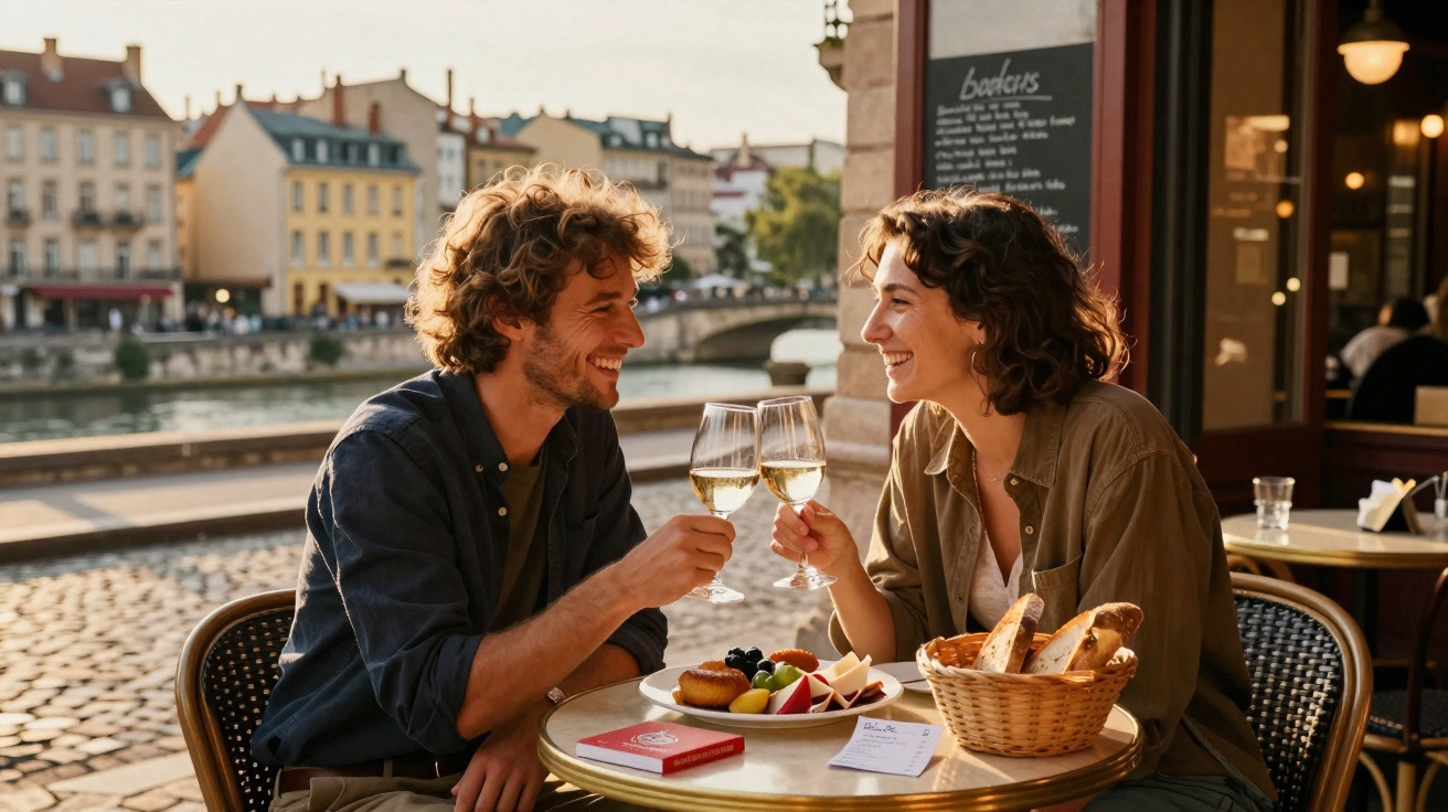Casal sorridente brindando com taças de vinho branco em café ao ar livre à beira do rio.