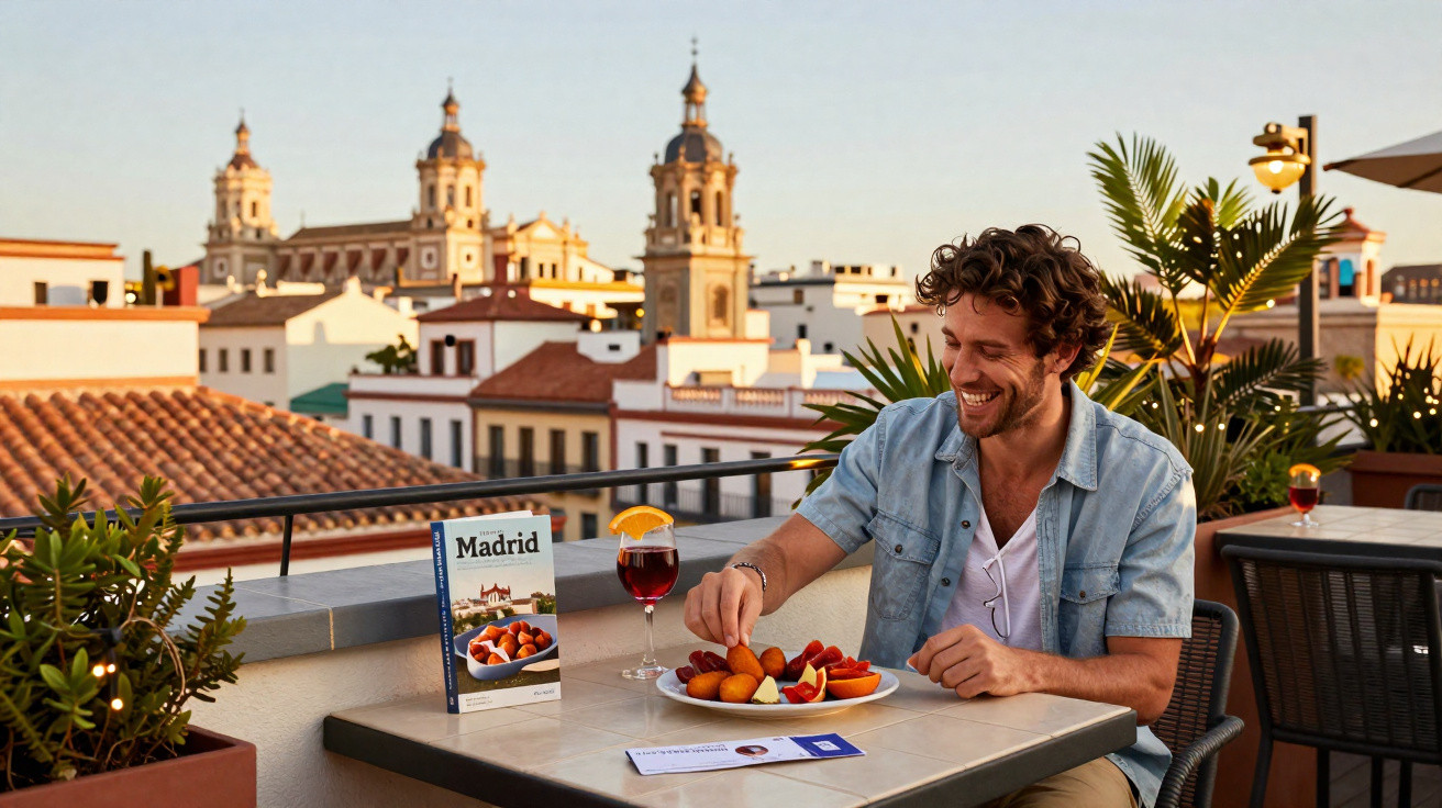 Homem sorri comendo petiscos e vinho na mesa de varanda com vista para edifícios históricos ao entardecer.