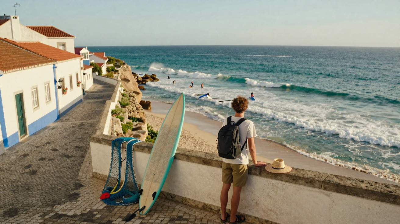 Jovem de costas observa o mar em praia com casas brancas, prancha de surf e pessoas surfando ao fundo.