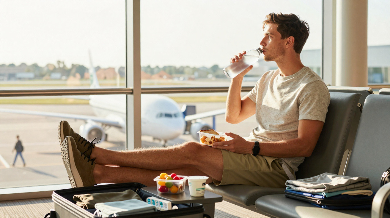 Homem sentado no aeroporto bebendo água e comendo enquanto espera seu voo com avião ao fundo.
