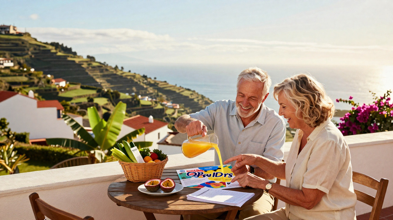 Casal idoso sorrindo, sentado numa mesa ao ar livre com suco e frutas, em cenário de colinas e mar ao fundo.