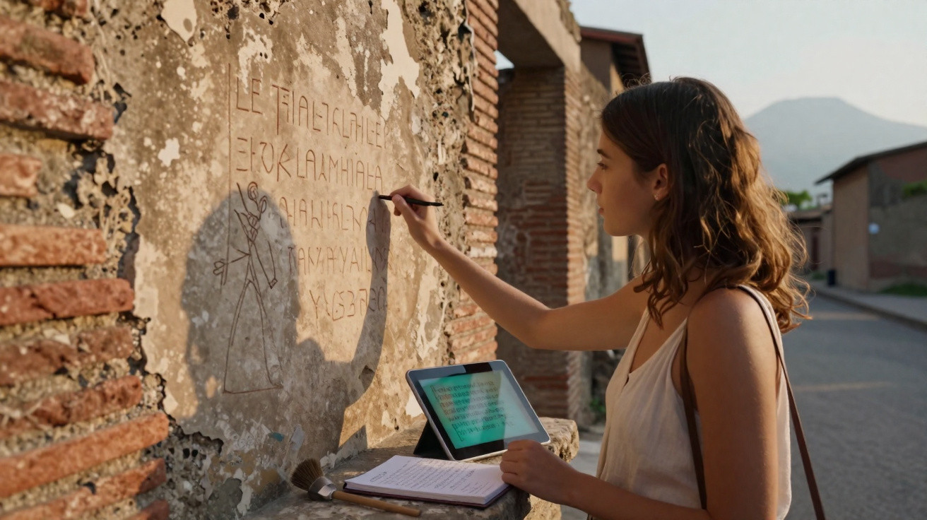 Mulher jovem escreve em parede antiga com tablet e caderno ao lado em local histórico ao ar livre.