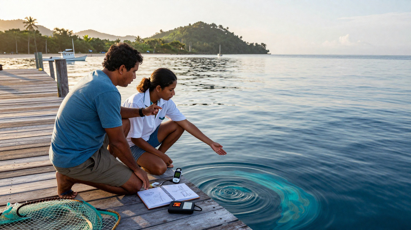 Duas pessoas analisando a água do mar em um pier com equipamentos de medição ao pôr do sol.