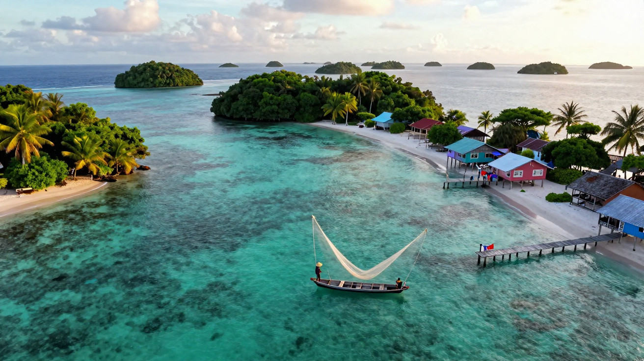 Ilha tropical com águas cristalinas, casas coloridas na praia e barco navegando próximo à costa.