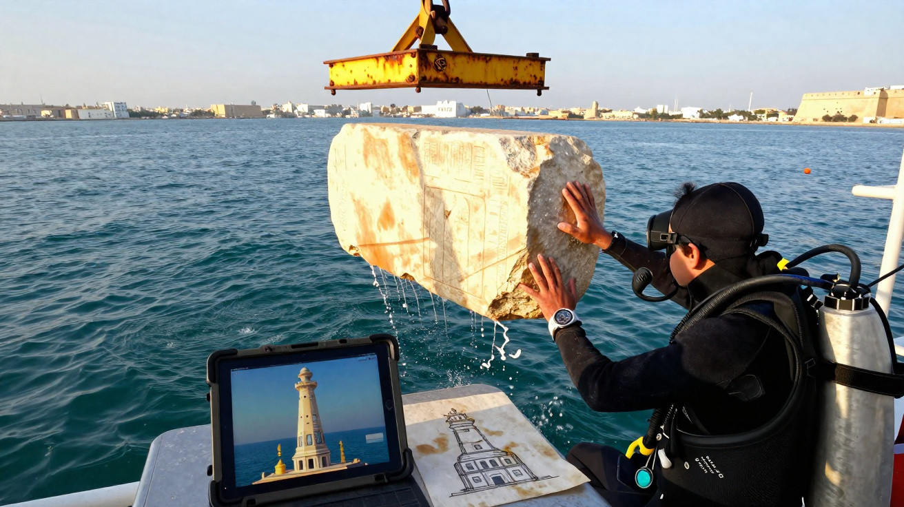 Mergulhador inspeciona bloco submerso com desenhos arqueológicos, com imagem de farol exibida em tablet ao lado.