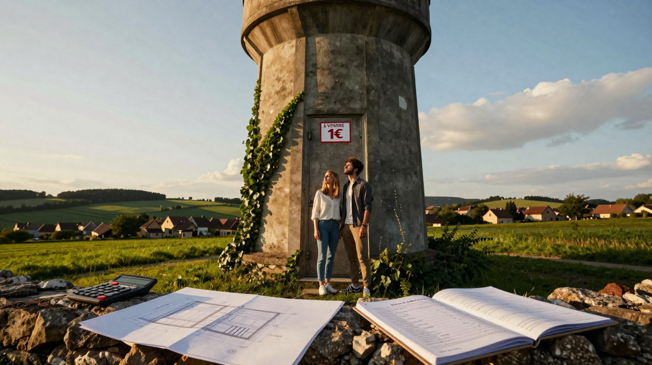 Casal observa antigo moinho à venda por 1 euro em área rural com campo verde e casas ao fundo.