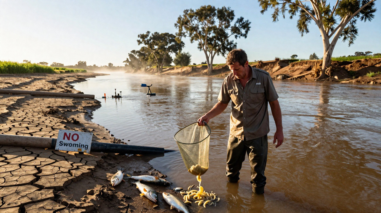 Homem pescando em rio raso com peixes e minhocas sobre a margem de terra seca e rachada.