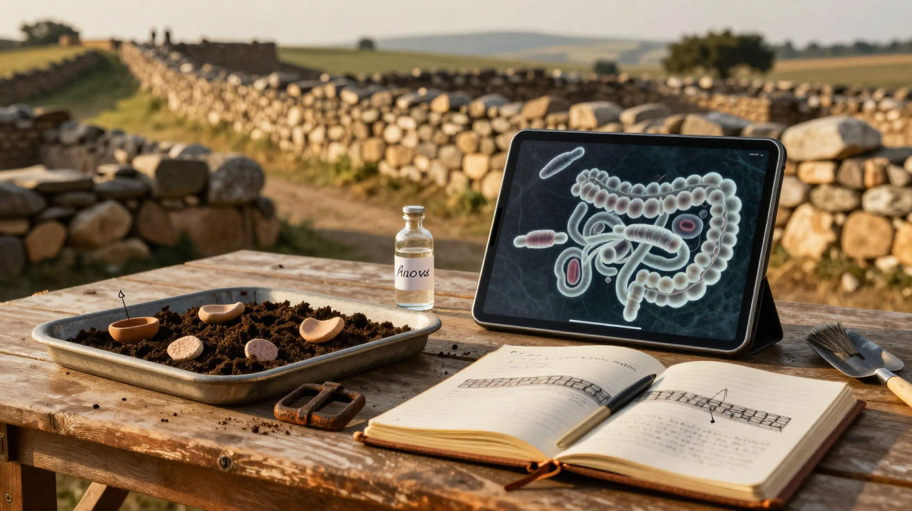 Mesa de madeira com solo, vasos, frasco, livro aberto e tablet mostrando imagem do intestino.