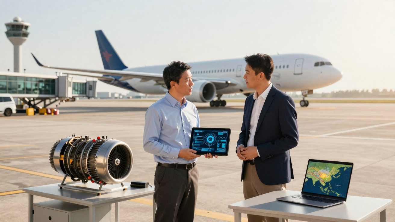 Dois homens conversam no aeroporto com motor de avião, tablet e laptop exibindo dados técnicos.