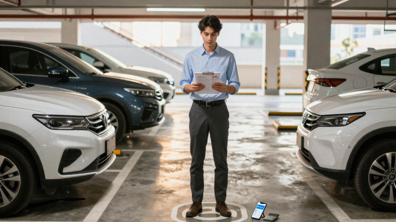 Homem de camisa azul com prancheta em estacionamento, entre carros brancos, com celular e calculadora no chão.