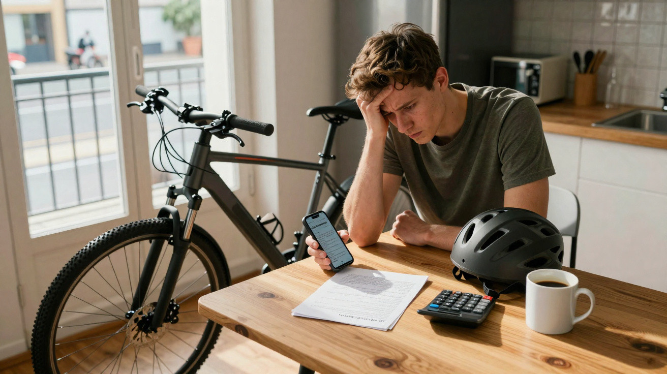 Homem preocupado sentado à mesa com celular, documentos, calculadora, capacete e bicicleta ao fundo.