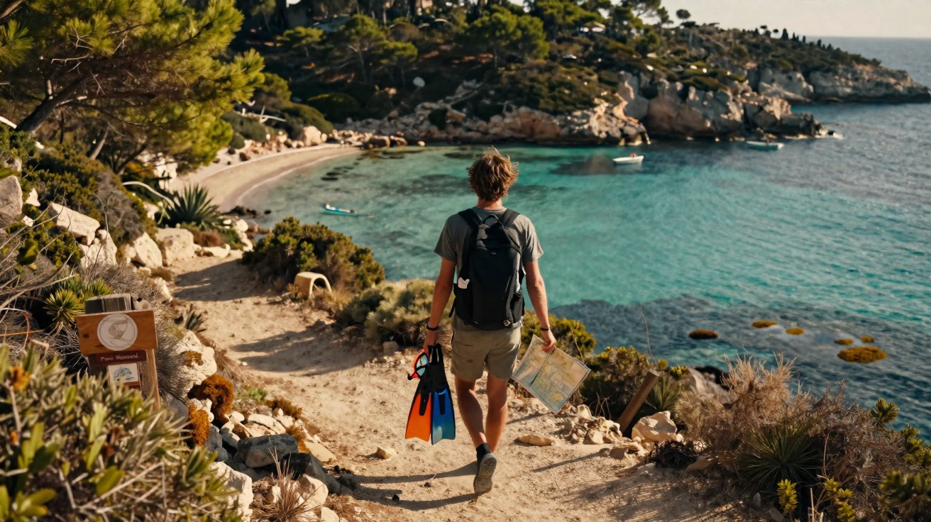 Homem com mochila e nadadeiras caminhando por trilha perto de praia rochosa e mar azul cristalino.