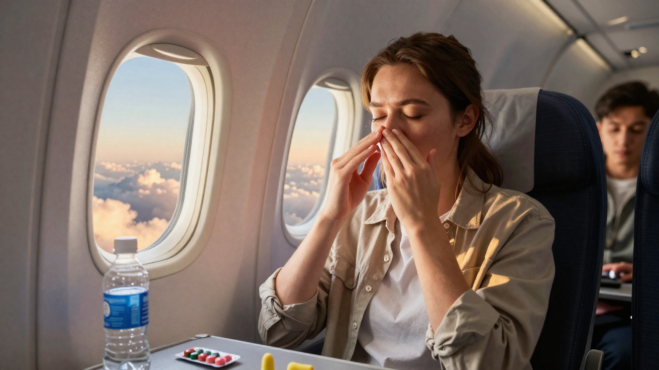 Mulher em avião massageando o nariz, com comprimidos e água na mesa, céu e nuvens pela janela.
