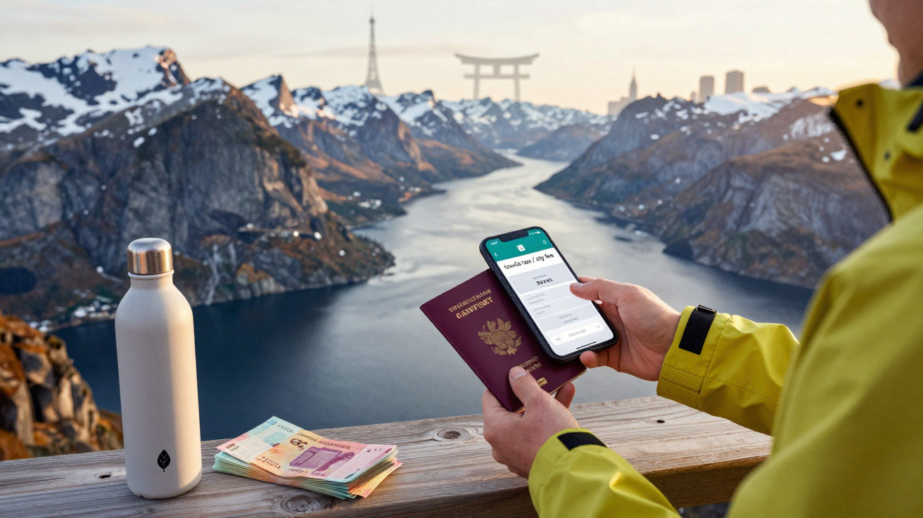 Pessoa segurando passaporte e celular com reserva de voo, vista para montanhas com neve, garrafa e dinheiro na mesa.