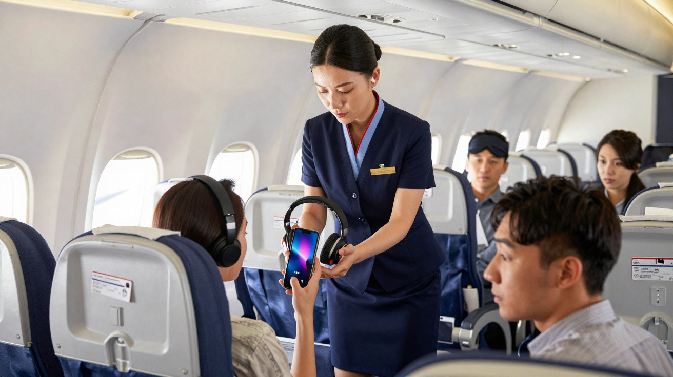 Comissária de bordo entregando fones de ouvido a passageira dentro da cabine de um avião.