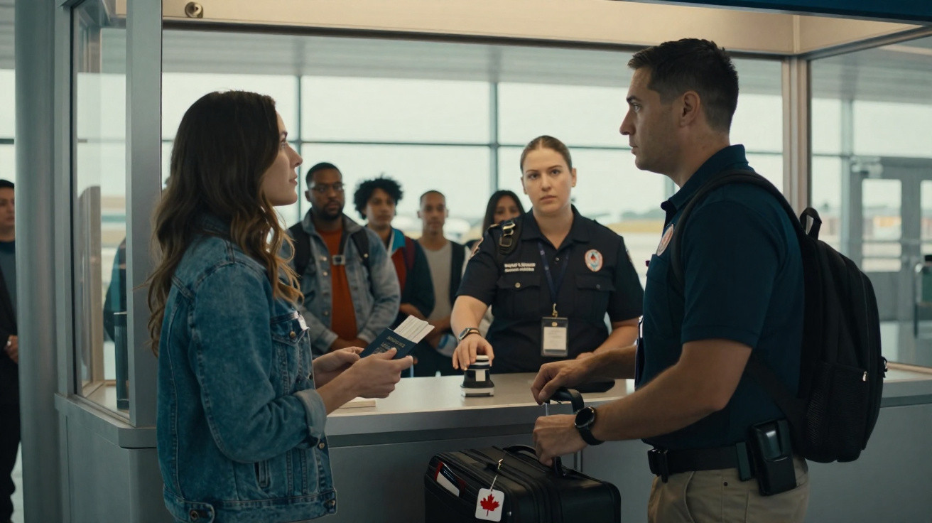 Passageiros são revistados e documentos conferidos por agente de segurança no aeroporto.