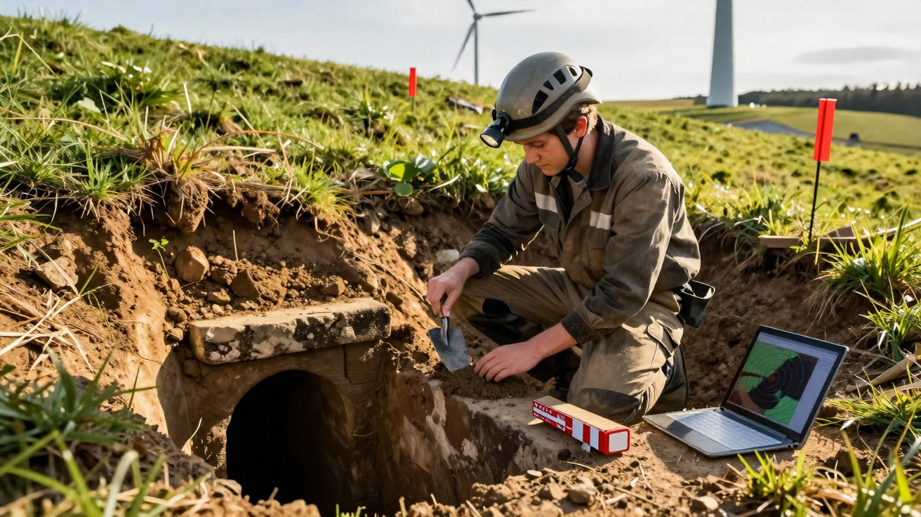 Homem com capacete escavando próximo a túnel em área verde com turbinas eólicas ao fundo e laptop aberto.