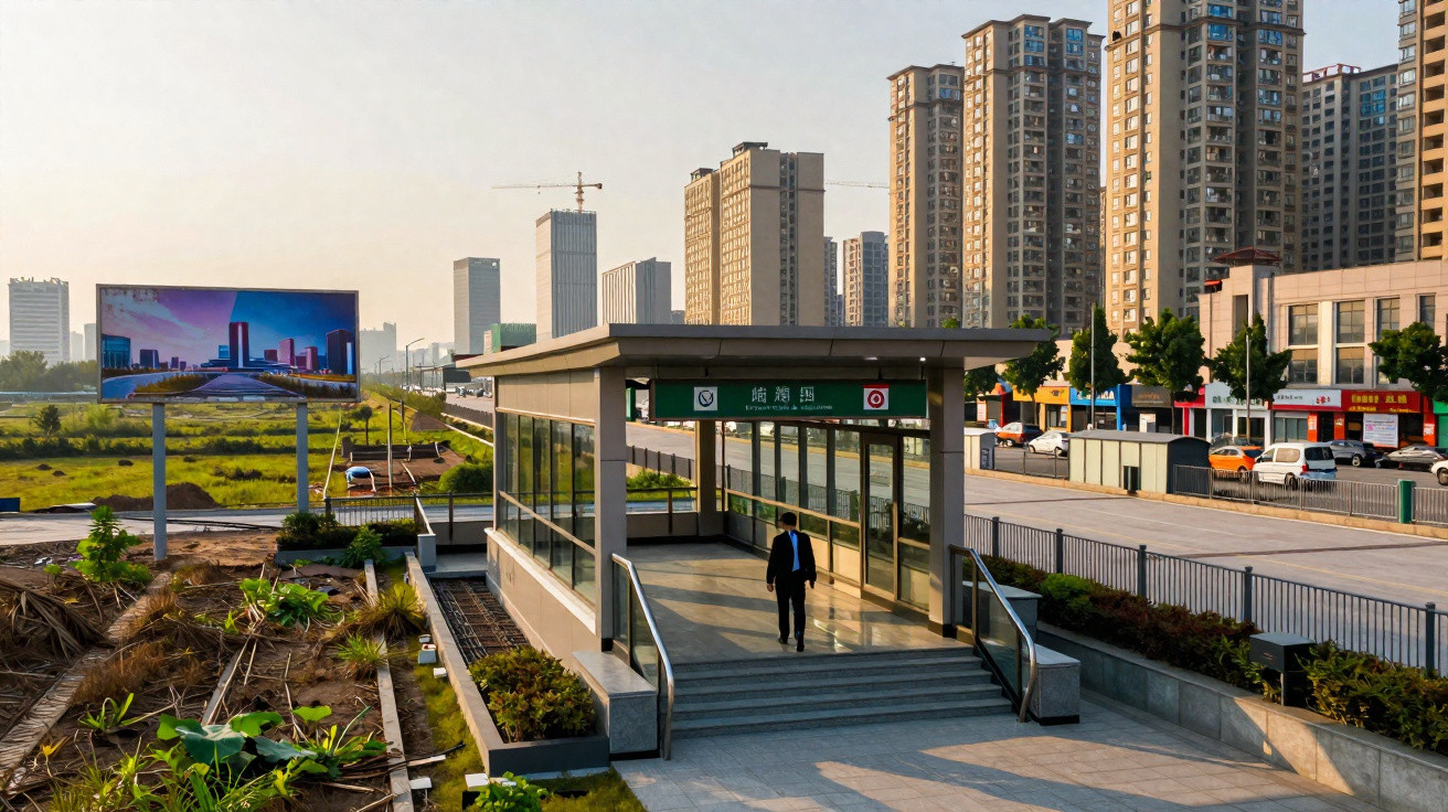 Entrada de estação moderna em área urbana com prédios altos ao fundo e homem de terno caminhando.