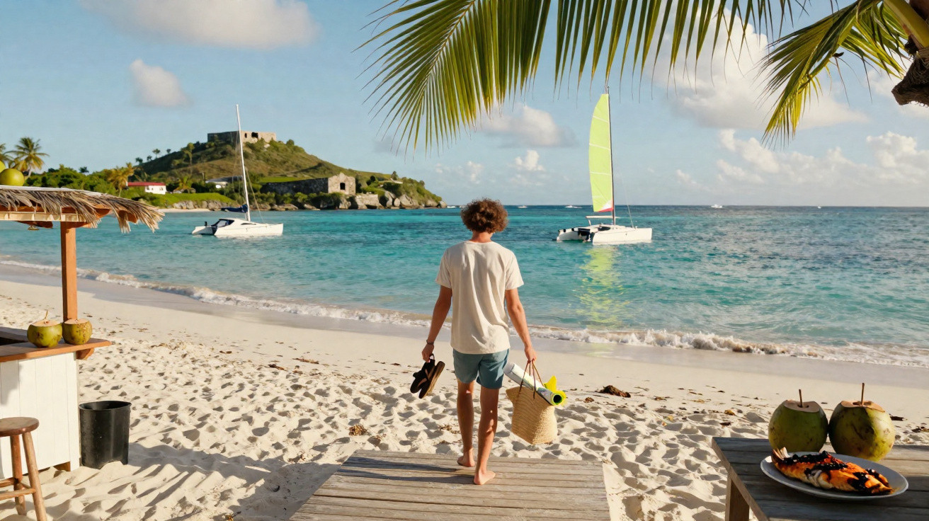 Homem de camiseta e bermuda caminha descalço na praia com mar azul, barco e coqueiros ao fundo.