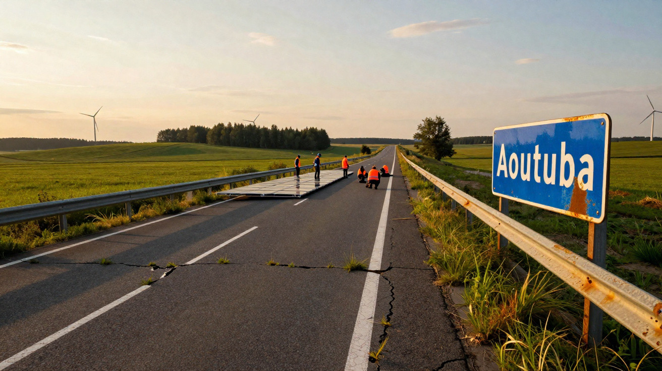 Homens com coletes laranjas consertam placa na estrada com sinal azul escrito Aoutuba ao lado.