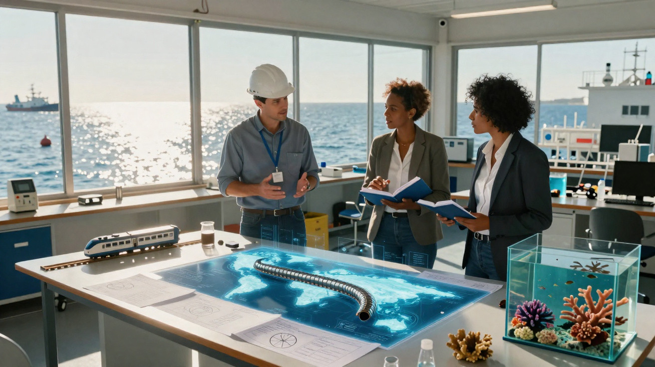 Engenheiro e duas mulheres discutem projeto de infraestrutura em sala com vista para o mar.