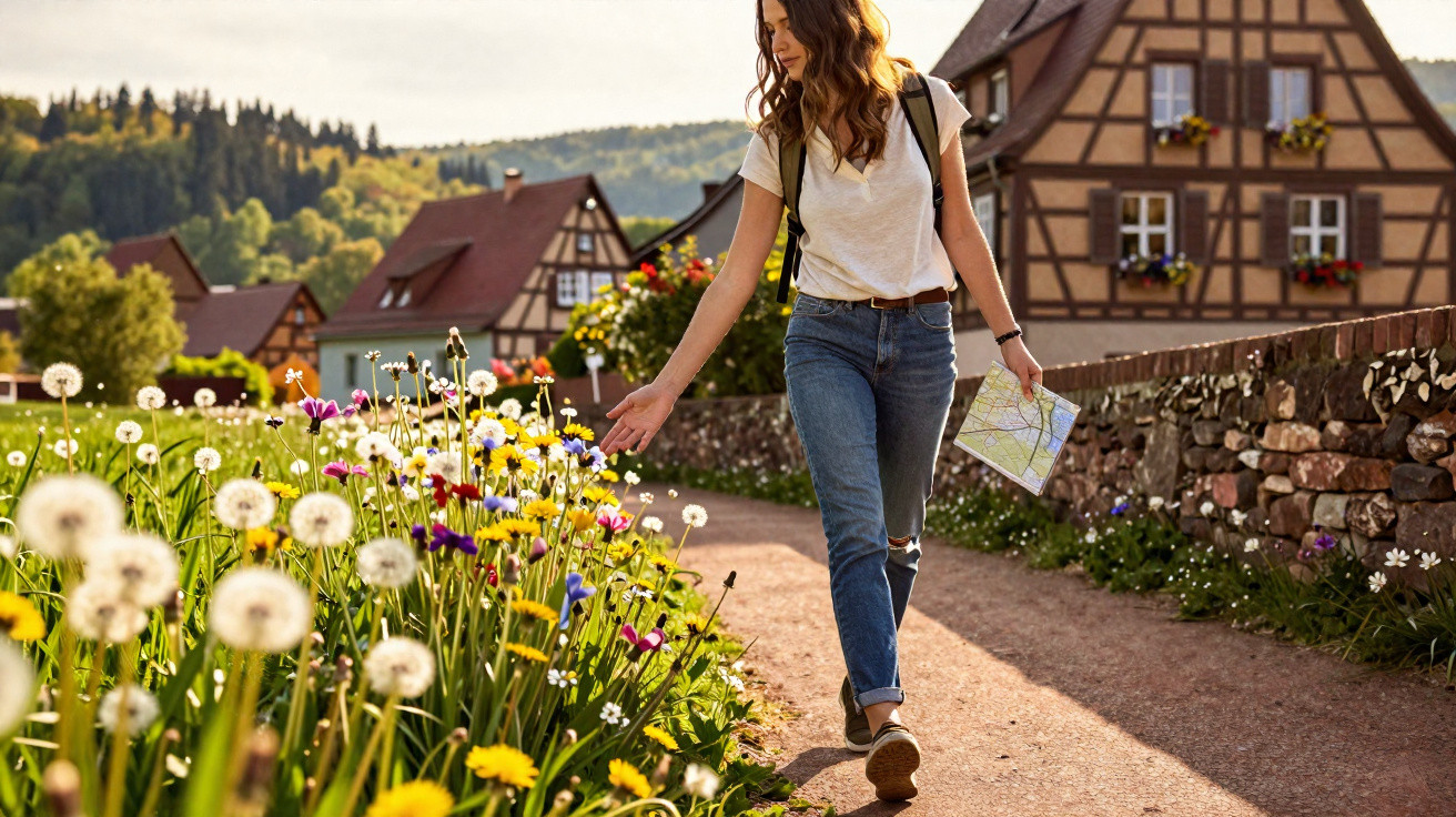 Mulher caminhando por rua com flores ao lado e casas tradicionais ao fundo em dia ensolarado.