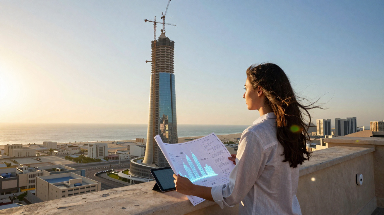 Mulher segurando plantas e tablet em varanda, com prédio alto em construção ao fundo e mar ao longe.
