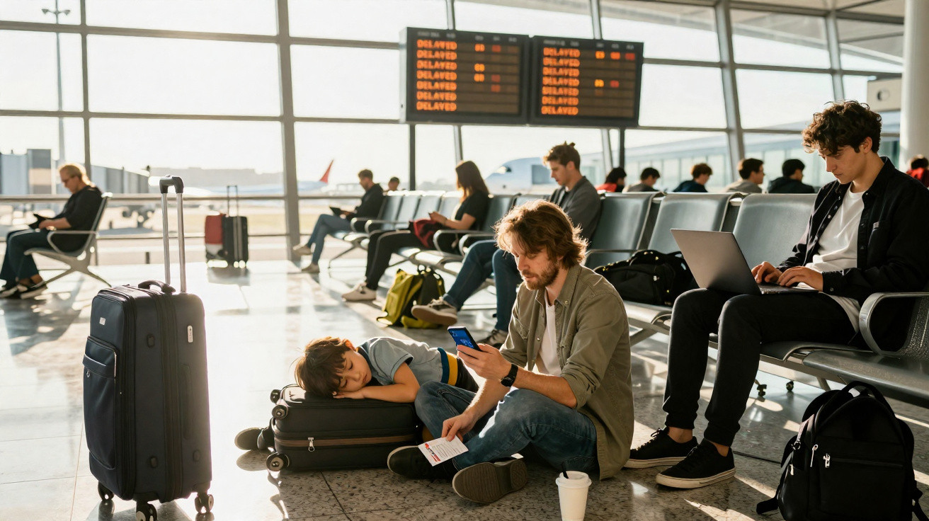Passageiros aguardam voo atrasado em aeroporto, com malas e dispositivos eletrônicos, enquanto uma criança dorme.