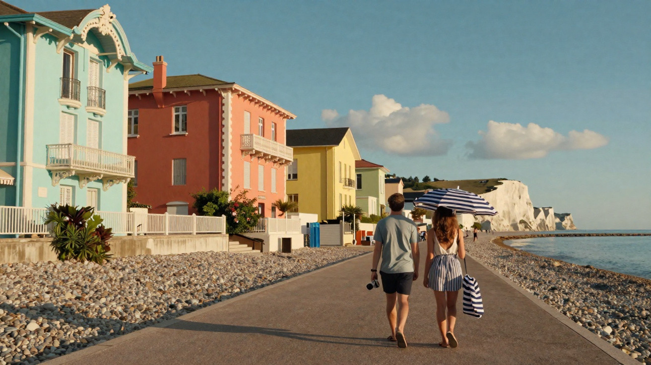 Casal caminhando por calçadão à beira-mar com casas coloridas e falésias ao fundo em dia ensolarado.