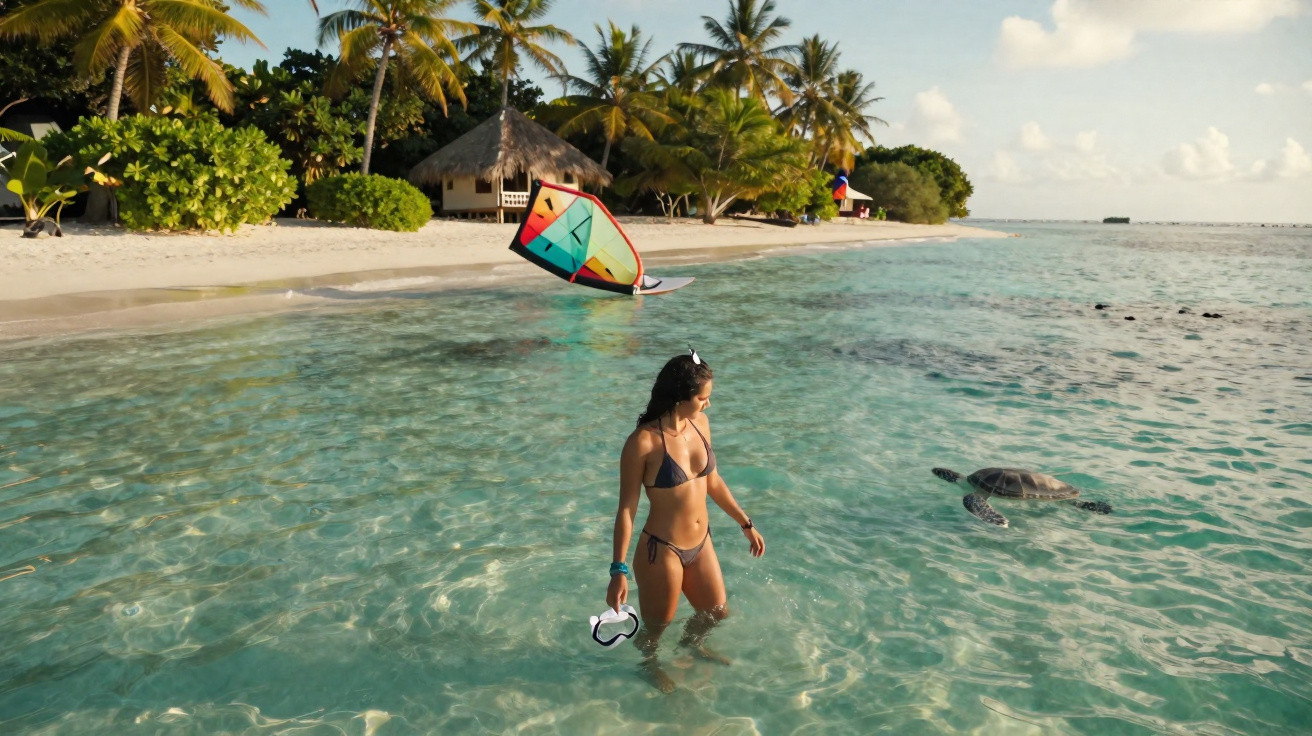 Mulher de biquíni caminhando em águas cristalinas perto de uma tartaruga marinha e praia com coqueiros ao fundo.