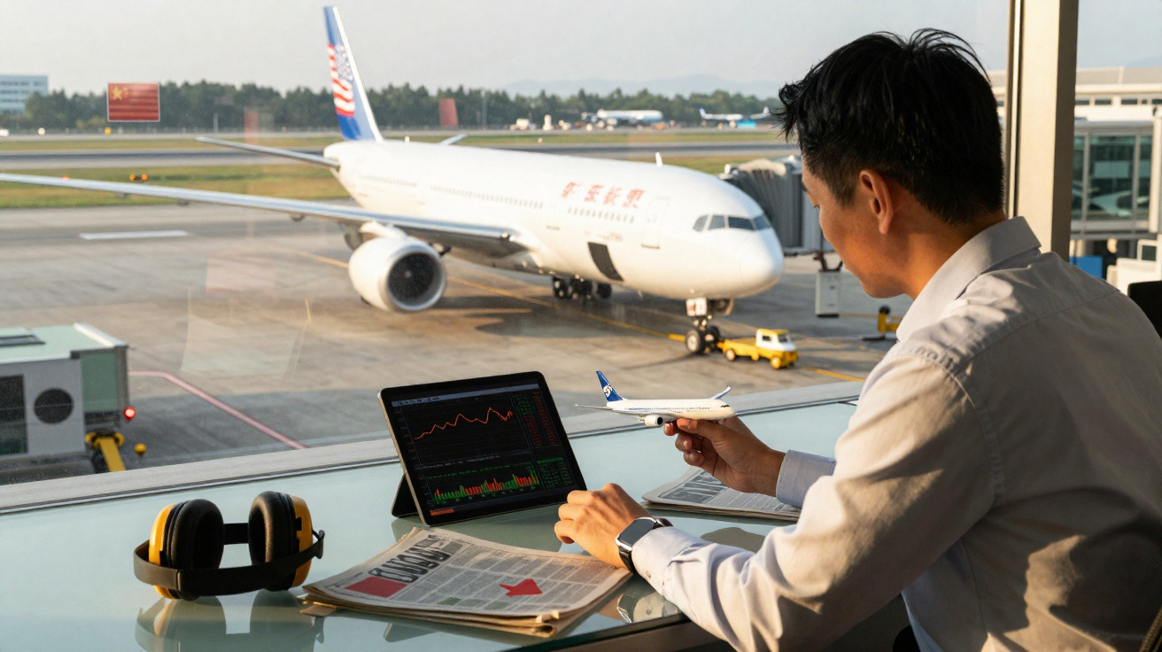Homem em aeroporto com maquete de avião, laptop e jornal, com avião real ao fundo na pista.