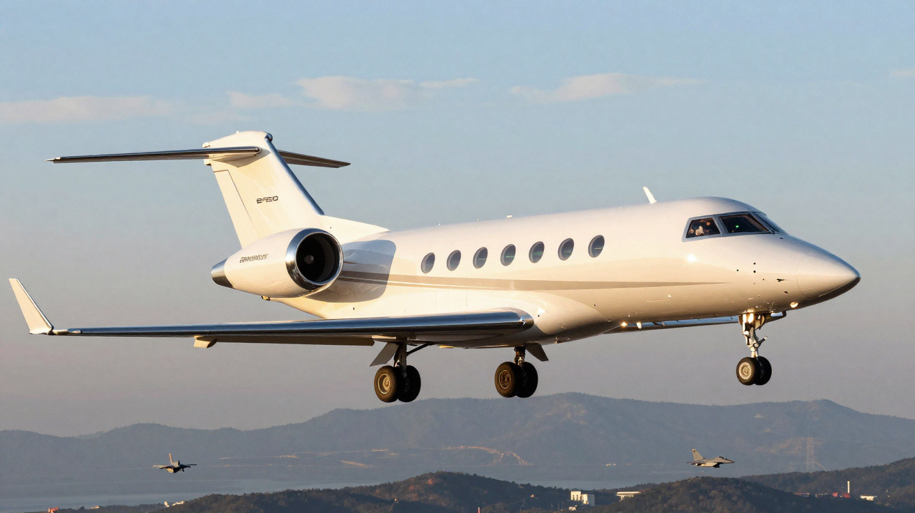 Avião executivo branco em aproximação para pouso com montanhas ao fundo durante o dia.