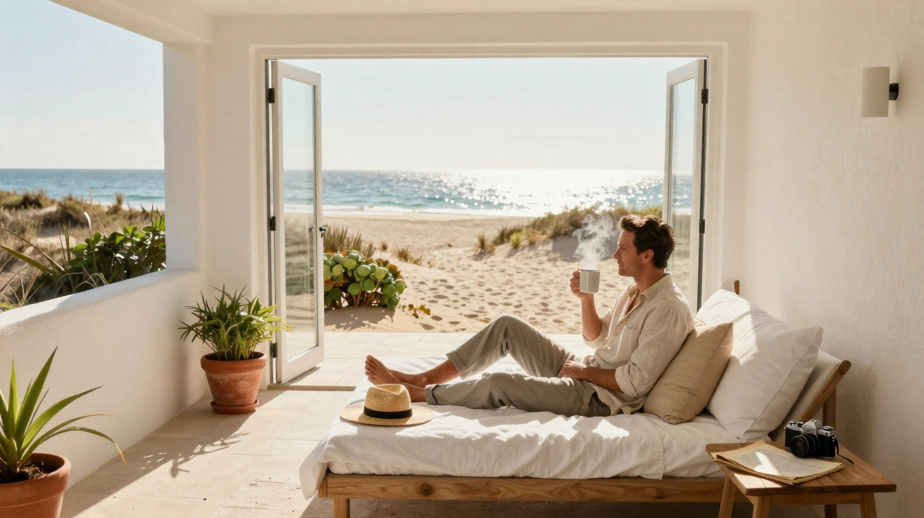 Homem relaxa tomando café em cama próxima à janela aberta com vista para praia e mar ao fundo.