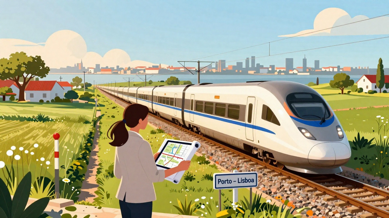 Mulher com planta observa trem de alta velocidade na linha Porto-Lisboa em área rural ensolarada.