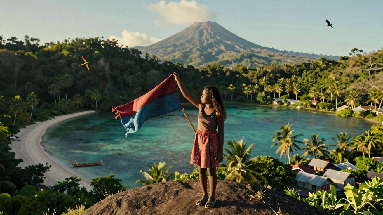 Jovem com saia rosa segura bandeira em cima de pedra, com lago azul e vulcão ao fundo em paisagem tropical.