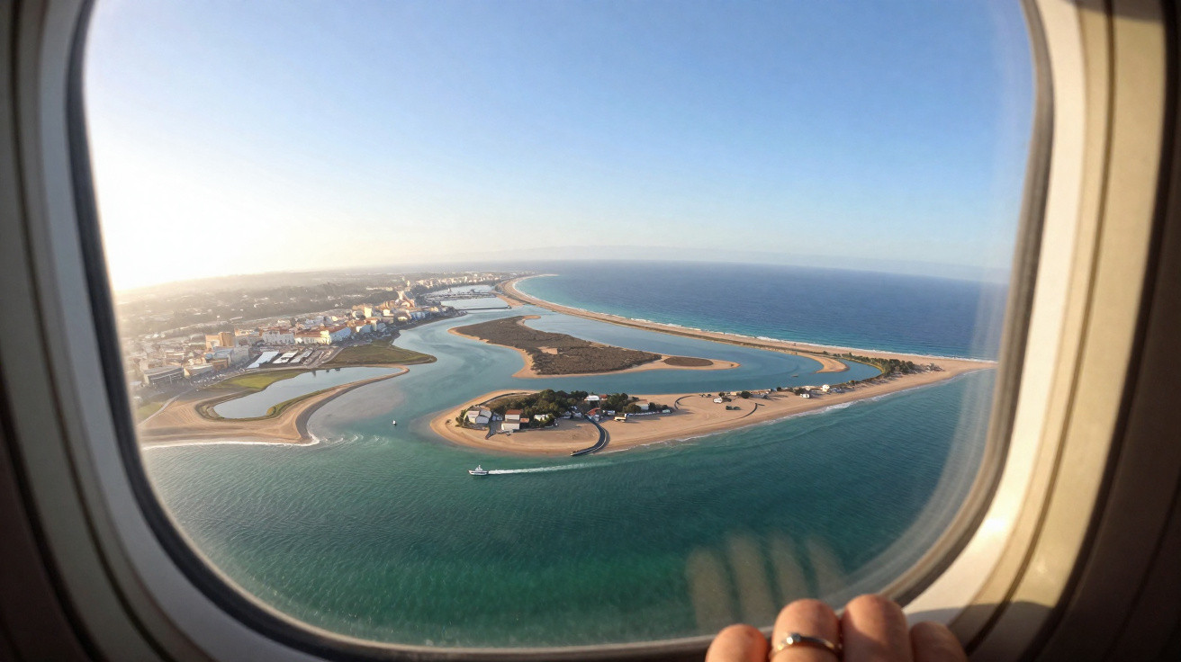 Vista aérea de uma ilha com praias e águas calmas, registrada pela janela de um avião.