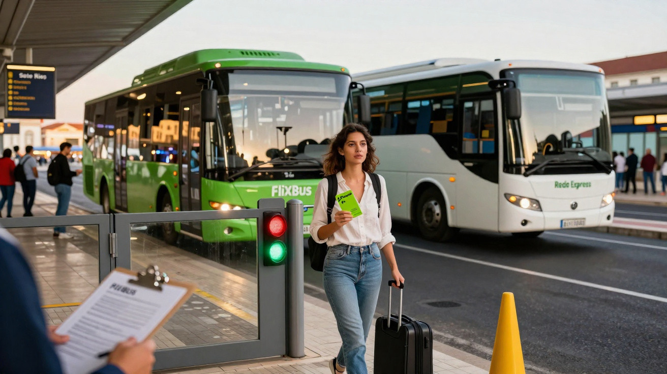 Mulher com mala e bilhete de ônibus caminha em ponto com ônibus verde e branco ao fundo.