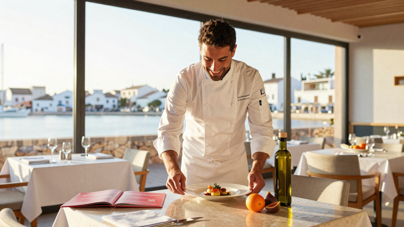 Chef sorridente servindo prato gourmet em restaurante iluminado com vista para o mar.
