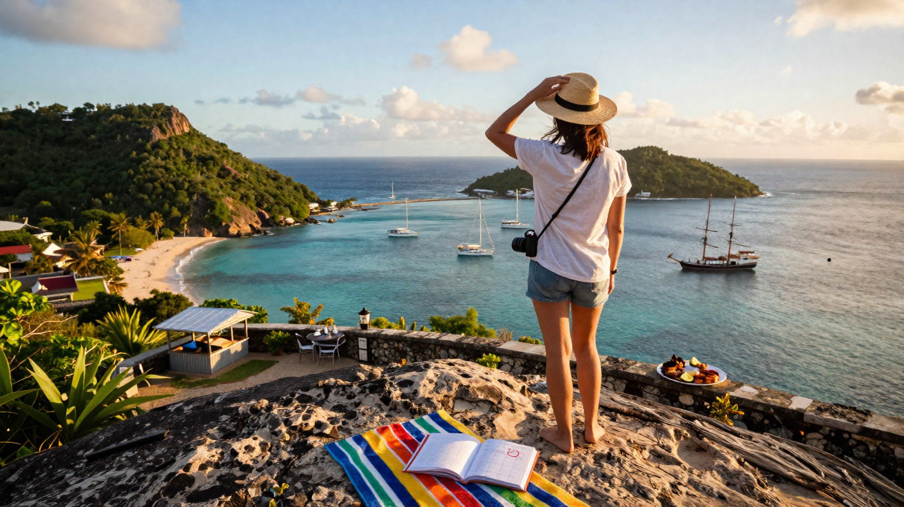 Mulher de chapéu observa o mar com barcos, ilhas e praia ao pôr do sol, com caderno e toalha colorida.