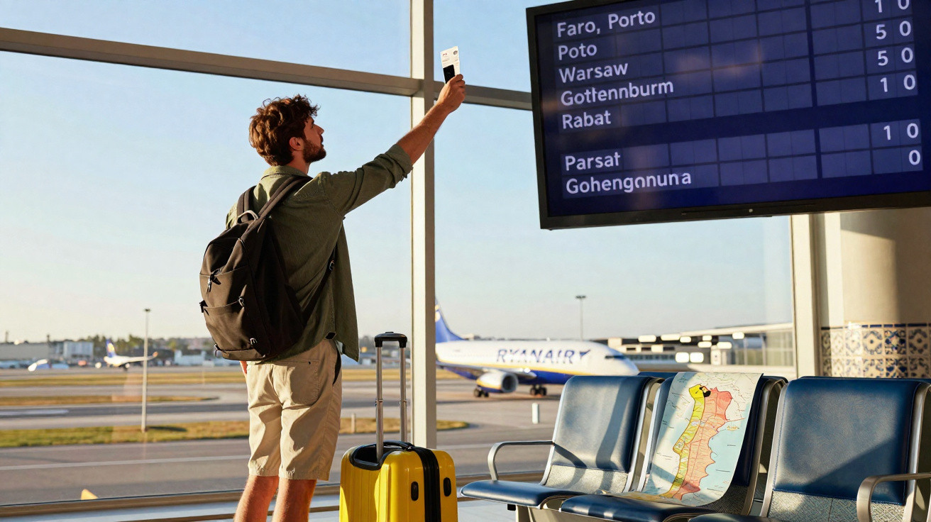 Homem com mochila e mala amarela conferindo informações de voos em tela no aeroporto.