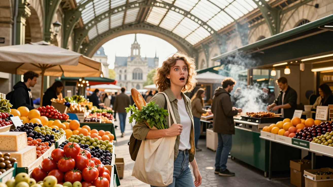 Jovem mulher com expressão surpresa em mercado coberto vibrante com frutas frescas e pessoas ao fundo.