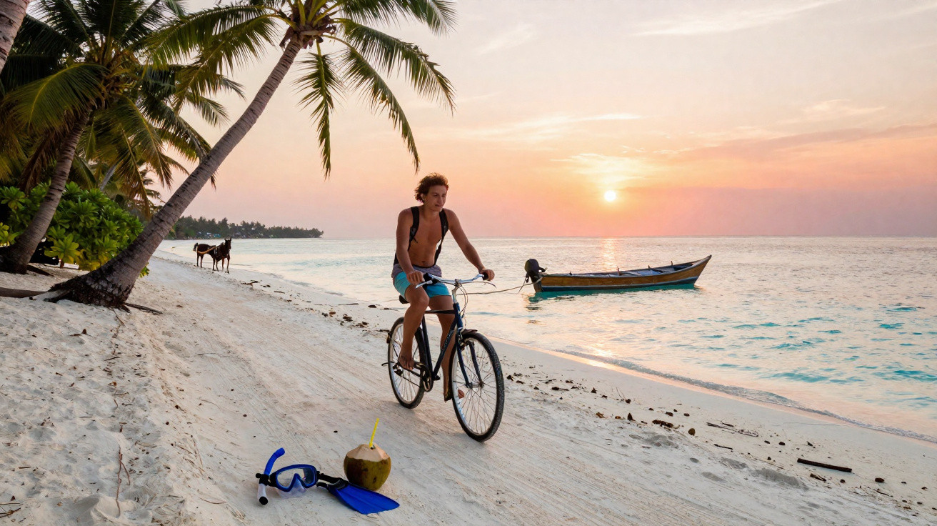Homem pedalando bicicleta na praia ao pôr do sol com barco e coqueiros ao fundo.