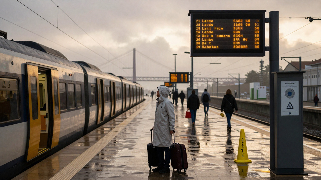 Estação de trem molhada com passageiros de capas de chuva e painéis eletrônicos de horário ao entardecer.