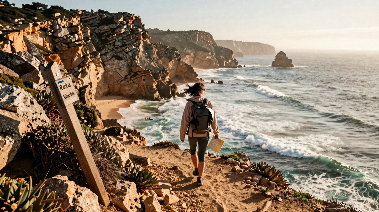 Pessoa com mochila e mapa caminhando por trilha costeira rochosa com mar e falésias ao fundo ao amanhecer.