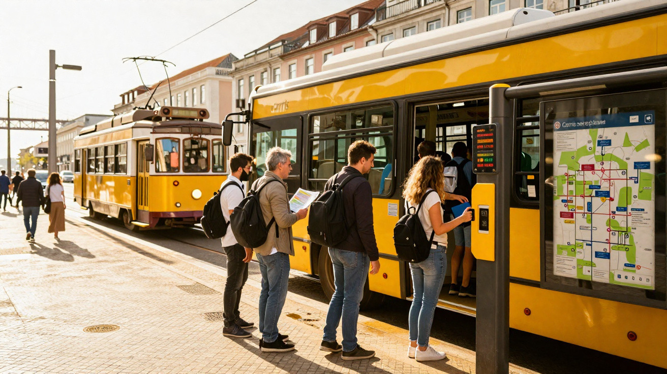 Pessoas na fila embarcando em ônibus amarelo na rua com bonde amarelo ao fundo em dia ensolarado.
