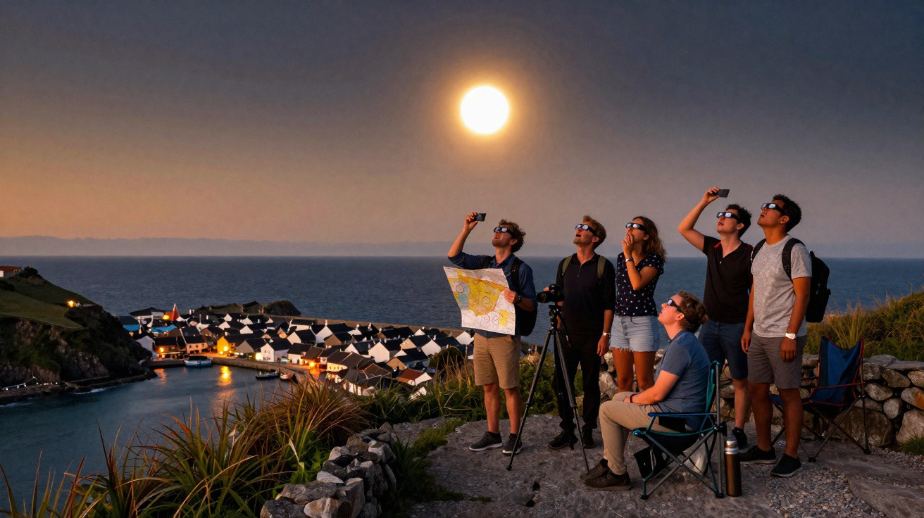 Grupo de pessoas usando óculos especiais observando um eclipse solar ao pôr do sol na praia.