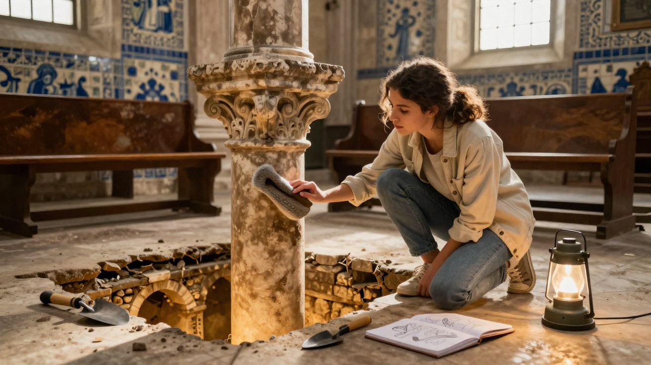 Mulher examinando coluna antiga em ruína com caderno e lanterna em templo histórico decorado com azulejos.