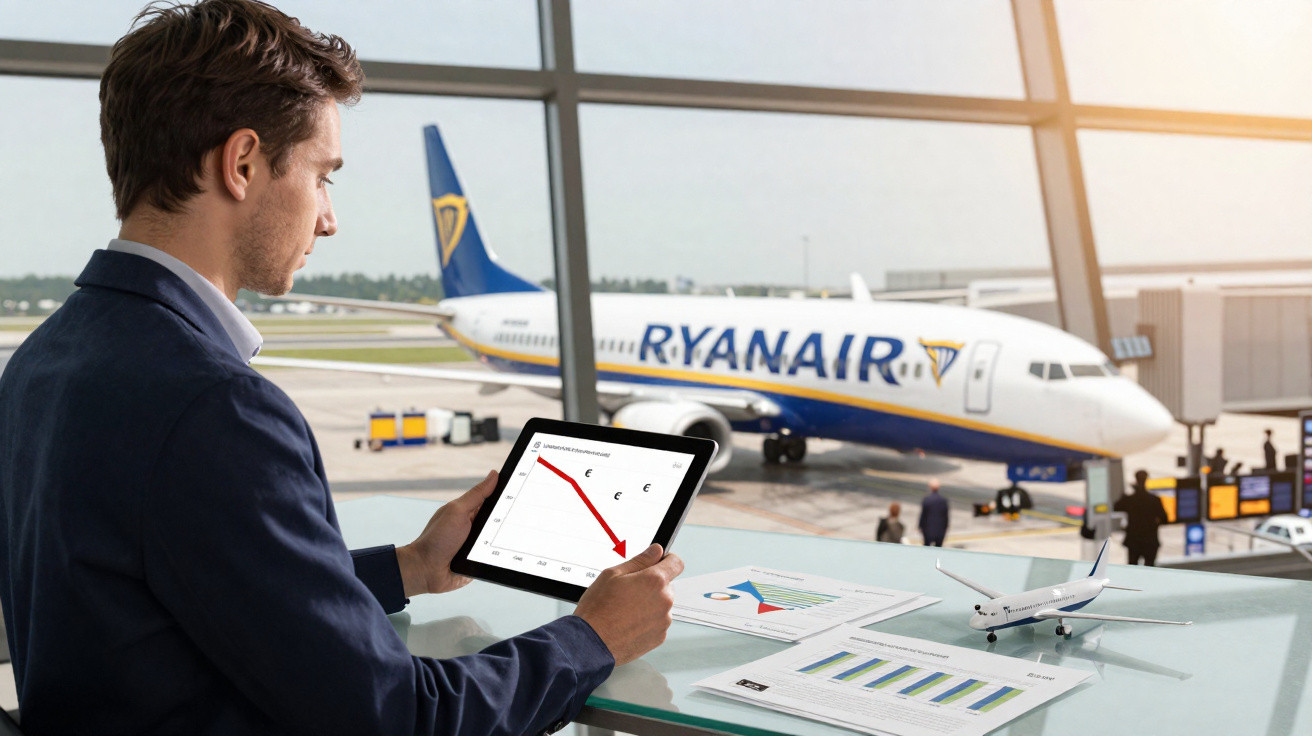 Homem em terno analisando gráfico decrescente em tablet no aeroporto com avião Ryanair ao fundo.